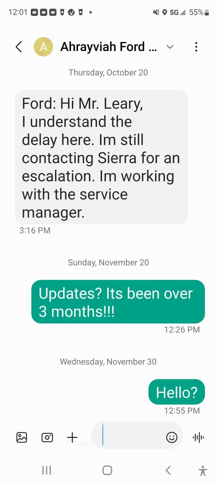 Mark Leary of Virginia Beach, Virginia is the owner of a 2014 Ford Focus. He said customer service is the worst he has ever experienced. This is a text exchange from Nov. 30, 2022.