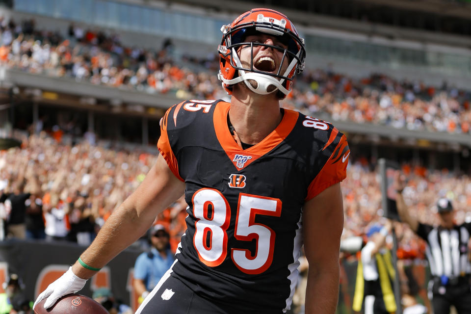 Cincinnati Bengals tight end Tyler Eifert (85) celebrates his touchdown during the first half an NFL football game against the San Francisco 49ers, Sunday, Sept. 15, 2019, in Cincinnati. (AP Photo/Frank Victores)