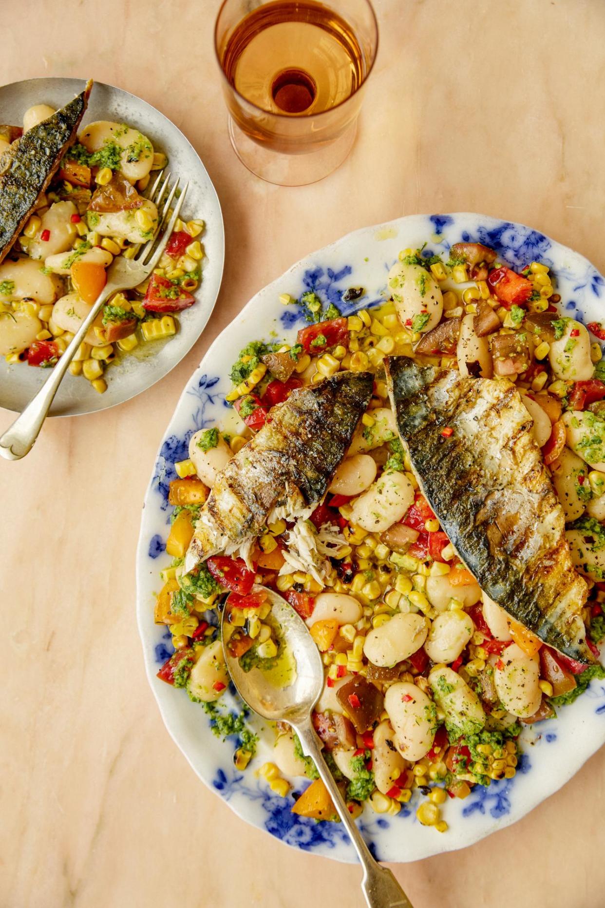 <span>Tamal Ray’s grilled mackerel with summer butter bean salad.</span><span>Photograph: Kim Lightbody/The Guardian. Food styling: Sophie Mackinnon. Prop styling: Louie Waller. Food styling assistant: Sadie Albuquerque.</span>