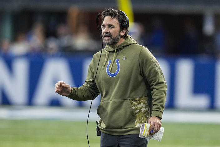Indianapolis Colts head coach Jeff Saturday on the sideline in the second half of an NFL football game against the Philadelphia Eagles in Indianapolis, Fla., Sunday, Nov. 20, 2022. (AP Photo/Darron Cummings)