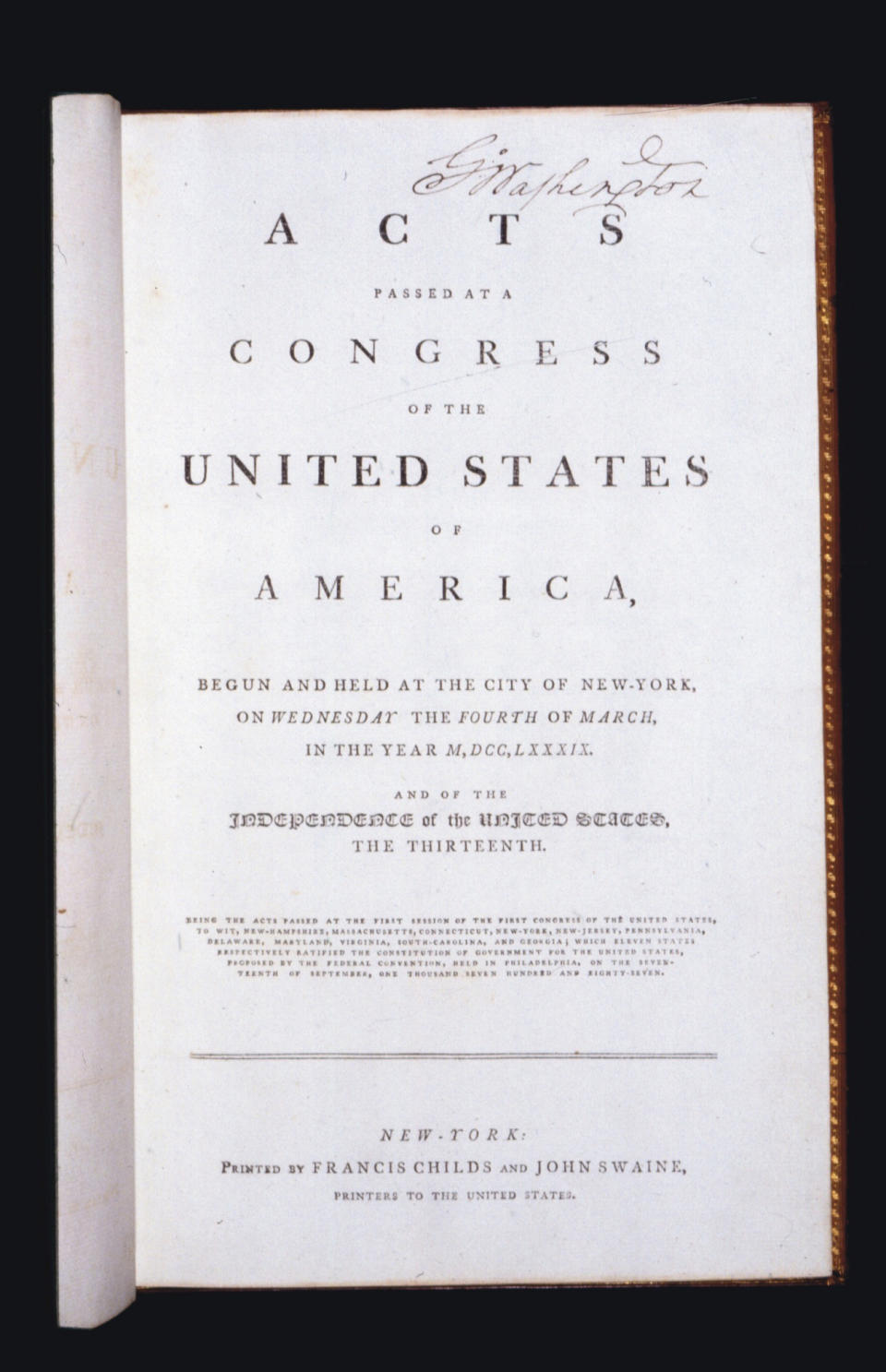 This undated photo provided by Christie's shows George Washington’s personal copy of the Acts of Congress, including the Constitution and draft Bill of Rights. On June 22, Christie’s New York will auction the volume which was specially printed and bound for Washington in 1789, his first year in office as first President of the United States. The estimate is $2-3million. (AP Photo/Christie's)