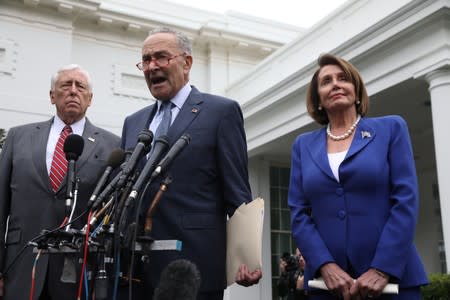 Pelosi, Schumer and Hoyer face reporters after meeting with President Trump at the White House in Washington