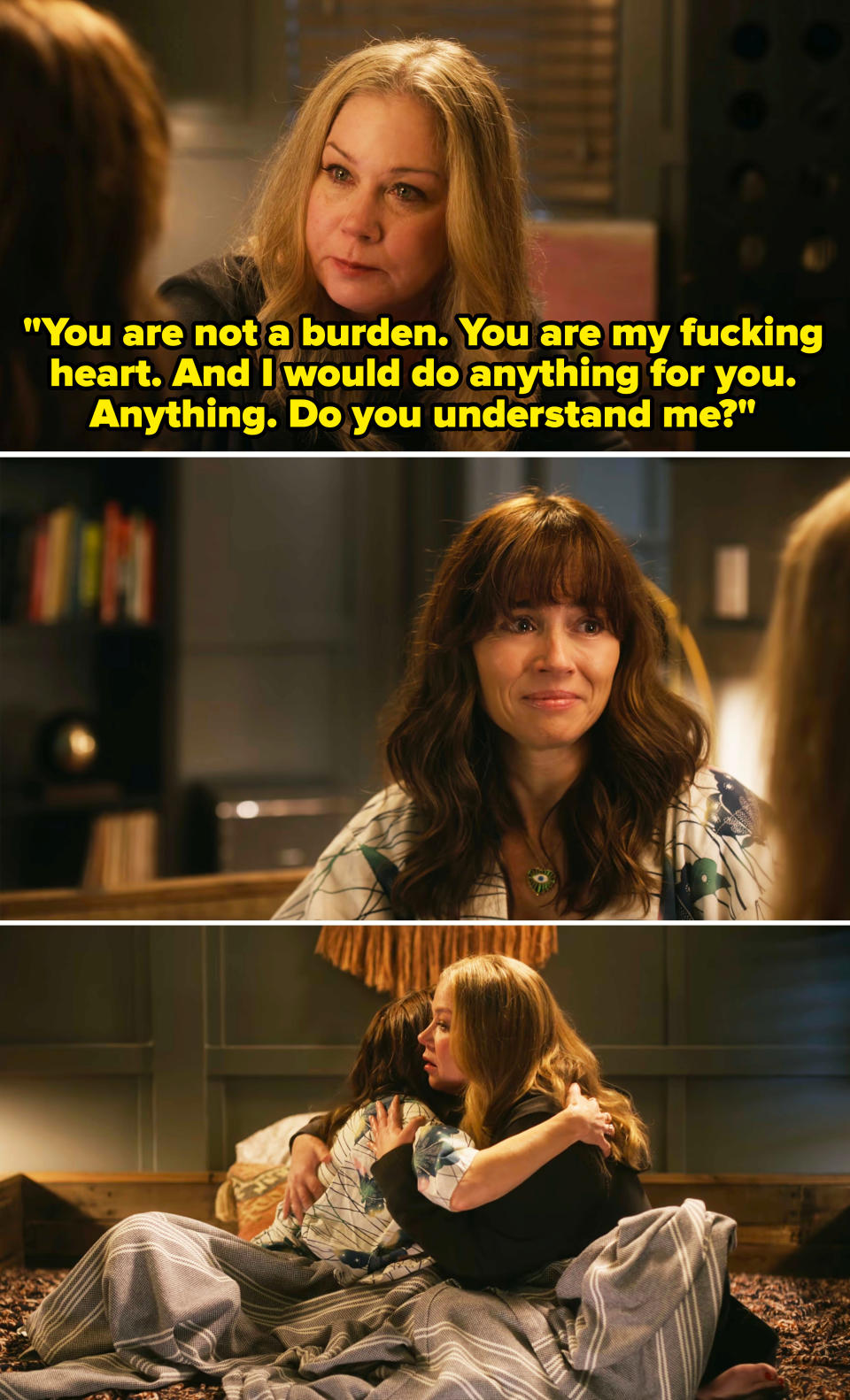 Christina Applegate and Linda Cardellini in a three-panel scene from "Dead to Me," sitting and embracing while talking