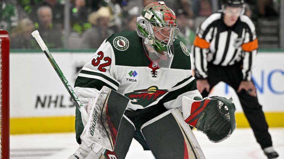 Wild goaltender Filip Gustavsson's NHL playoff career got off to an outstanding start on Monday night.  (Jerome Miron/USA TODAY Sports)