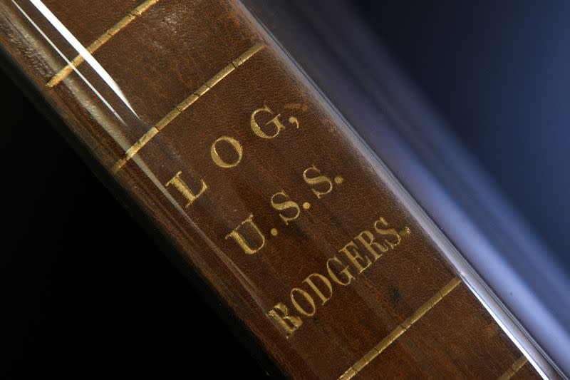 The spine of Volume 1 of the USS Rodgers logbooks is pictured at the National Archives building in Washington