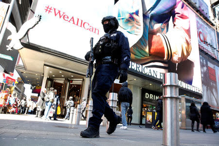 A New York City Police (NYPD) Counter Terrorism officer patrols in Times Square in New York City, U.S., March 22, 2017. REUTERS/Brendan McDermid