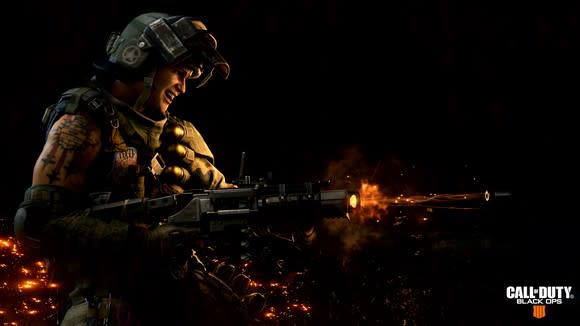 Graphic art of military soldier firing a weapon with the Call of Duty Black Ops 4 logo in the bottom right corner.