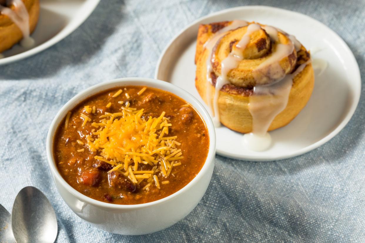 Homemade Chili Soup and Cinnamon Roll for Lunch