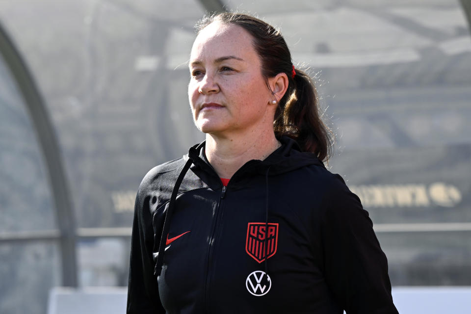 United States head coach Twila Kilgore stands on the sidelines before an international friendly soccer match against Colombia, Sunday, Oct. 29, 2023, in San Diego. (AP Photo/Alex Gallardo)