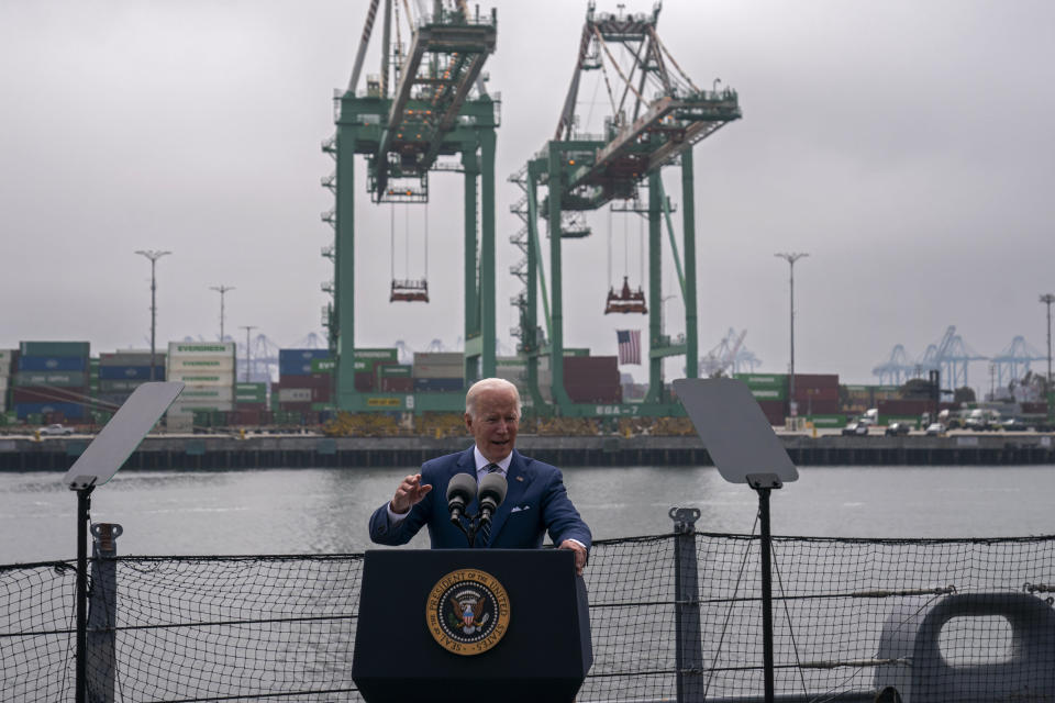 President Joe Biden speaks about inflation and supply chain issues at the Port of Los Angeles, Friday, June 10, 2022, in Los Angeles. (AP Photo/Evan Vucci)