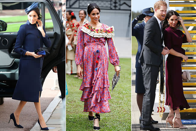 a montage of three images of meghan wearing mid length dresses at varying stages of pregnancy