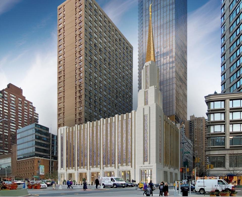 An artist’s rendering of the renovated Manhattan New York Temple, which is scheduled to be completed in 2027.