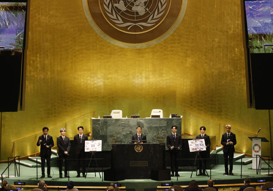 ADDS IDS - Members of South Korean K-pop band BTS, from left, V, Suga, Jin, RM, Jung Kook, Jimin and J-Hope appear at the United Nations meeting on Sustainable Development Goals during the 76th session of the U.N. General Assembly at U.N. headquarters on Monday, Sept. 20, 2021. (John Angelillo/Pool Photo via AP)