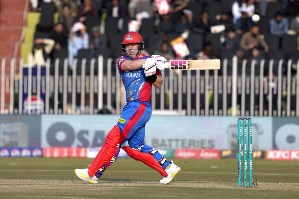 Karachi Kings' Tim Seifert plays a shot during the Pakistan Super League T20 cricket match between Karachi Kings and Quetta Gladiators, in Rawalpindi, Pakistan, Wednesday, March 6, 2024. (AP Photo/Anjum Naveed)