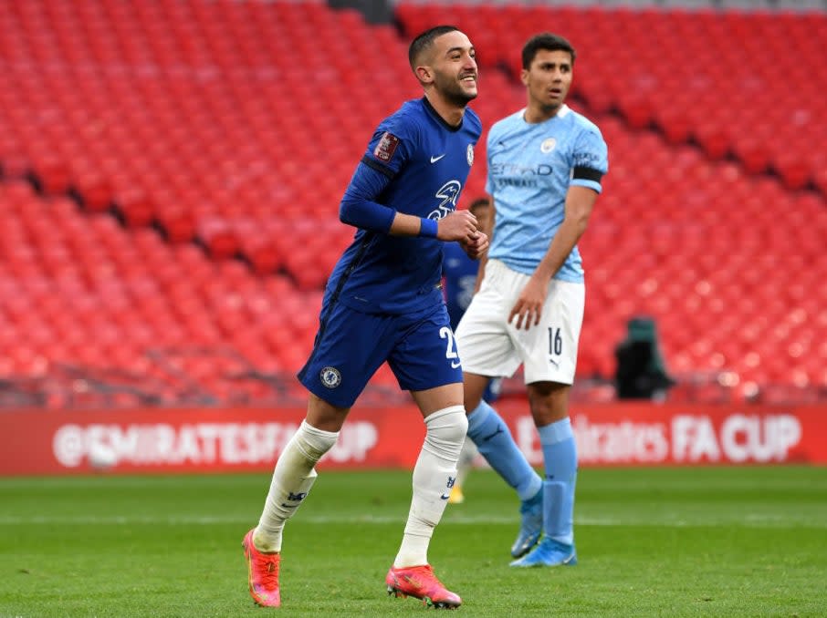 Hakim Ziyech celebrates scoringThe FA via Getty Images