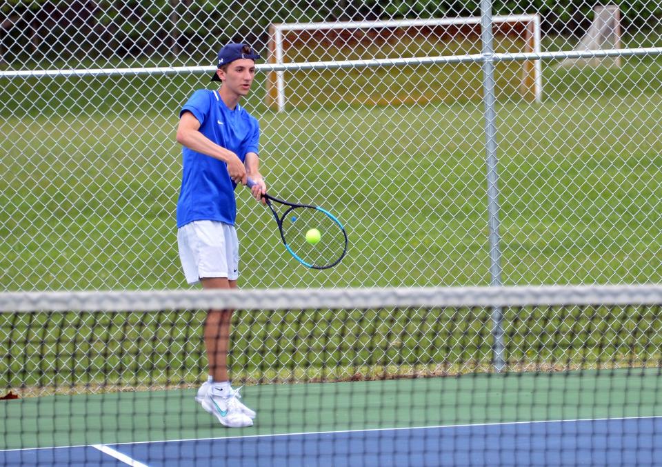 Clear Spring's Andrew Keller returns a serve during the 1A West Region II mixed doubles final at Boonsboro on May 20. Keller and teammate Kayda Shives defeated Brunswick's Zoe Razunguzwa and Ben Kennedy, 6-0, 6-1.