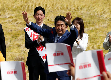 Japan's Prime Minister Shinzo Abe, who is also ruling Liberal Democratic Party leader, attends an election campaign rally in Fukushima, Japan, October 10, 2017. REUTERS/Toru Hanai