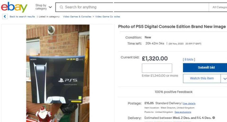 A eBay listing shows a PS5 image for sale  with bids over $2394 AUD