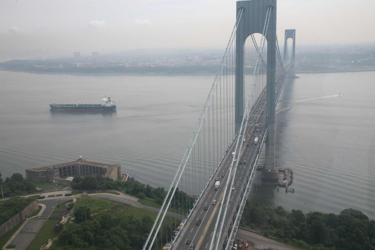 The Verrazzano-Narrows Bridge, which spans the entrance of New York Harbor between Staten Island and Brooklyn, has a rock-based protection system around its foundations.
