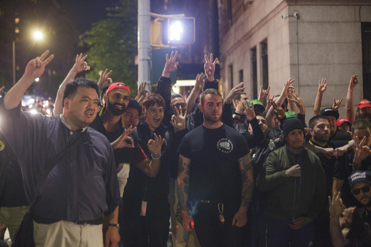 A group of Proud Boys and their allies outside a Manhattan GOP event at which they assaulted protesters. (Photo: Shay Horse for HuffPost)