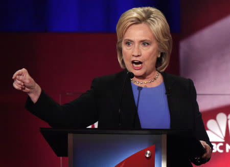 Hillary Clinton speaks at the NBC News - YouTube Democratic presidential candidates debate in Charleston, South Carolina January 17, 2016. REUTERS/Randall Hill