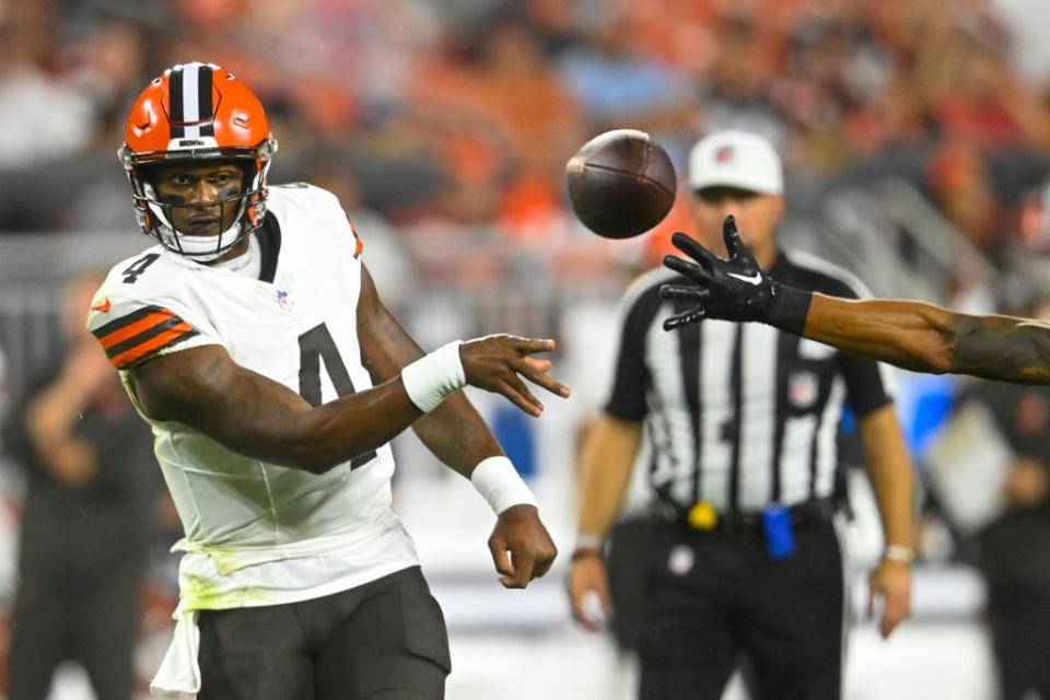 Cleveland Browns quarterback Deshaun Watson passes against the Washington Commanders during a preseason game Friday in Cleveland.