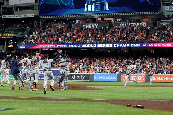 HOUSTON, TEXAS - NOVEMBER 02:  The Atlanta Braves celebrate their 7-0 victory against the Houston Astros in Game Six to win the 2021 World Series at Minute Maid Park on November 02, 2021 in Houston, Texas. (Photo by Carmen Mandato/Getty Images)