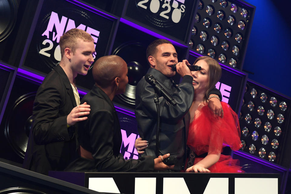 LONDON, ENGLAND - FEBRUARY 12: (L to R) Mura Masa, Julie Adenuga, Slowthai and Katherine Ryan attend The NME Awards 2020 at the O2 Academy Brixton on February 12, 2020 in London, England.  (Photo by David M. Benett/Dave Benett/Getty Images)