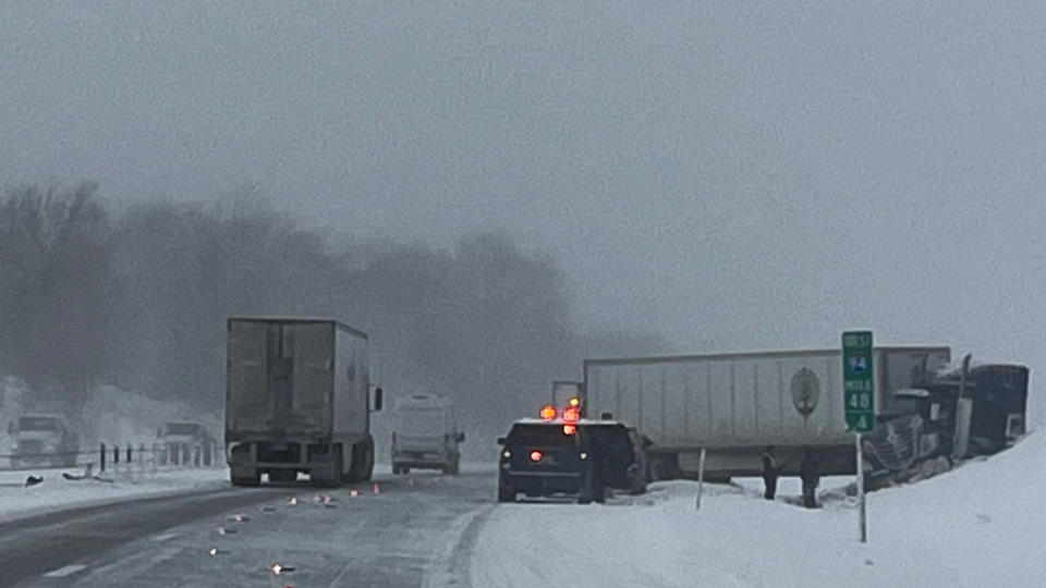 A jackknifed semi along I-94 near County Road 215, near Lawrence on Jan. 16, 2024. (Courtesy Michigan State Police)