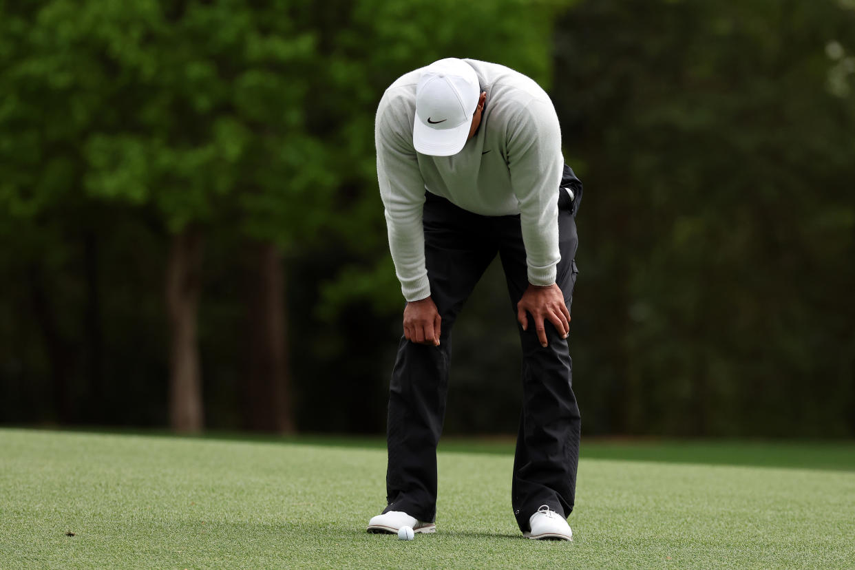 AUGUSTA, GEORGIA - APRIL 09: Tiger Woods reacts to his shot on the 11th hole during the third round of the Masters at Augusta National Golf Club on April 09, 2022 in Augusta, Georgia. (Photo by Gregory Shamus/Getty Images)