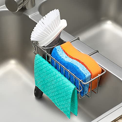 3-in-1 Sponge Holder for Kitchen Sink, Movable Sponge Holder + Brush Holder + Dish Cloth Hanger, Hanging Sink Caddy, Small in Sink Organizer Accessories Rack Basket, 304 Stainless Steel, Never Rust