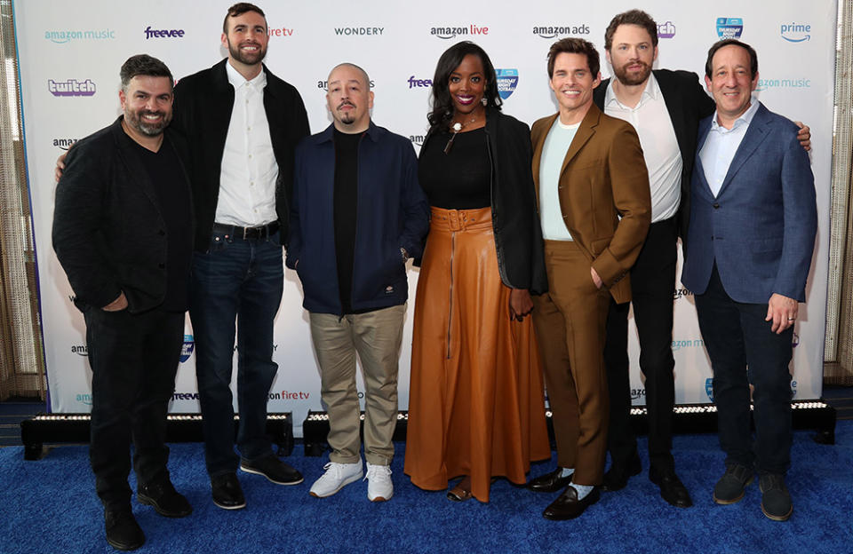 Ryan Pirozzi, Ronald Gladden, Shea Serrano, Lauren Anderson, James Marsden, David Bernad, and David Miner attend Amazon NewFronts 2023 at David Geffen Hall on May 01, 2023 in New York City.