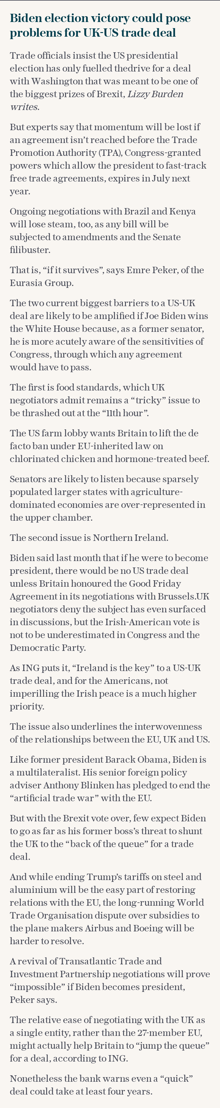 Biden election victory could pose problems for UK-US trade deal