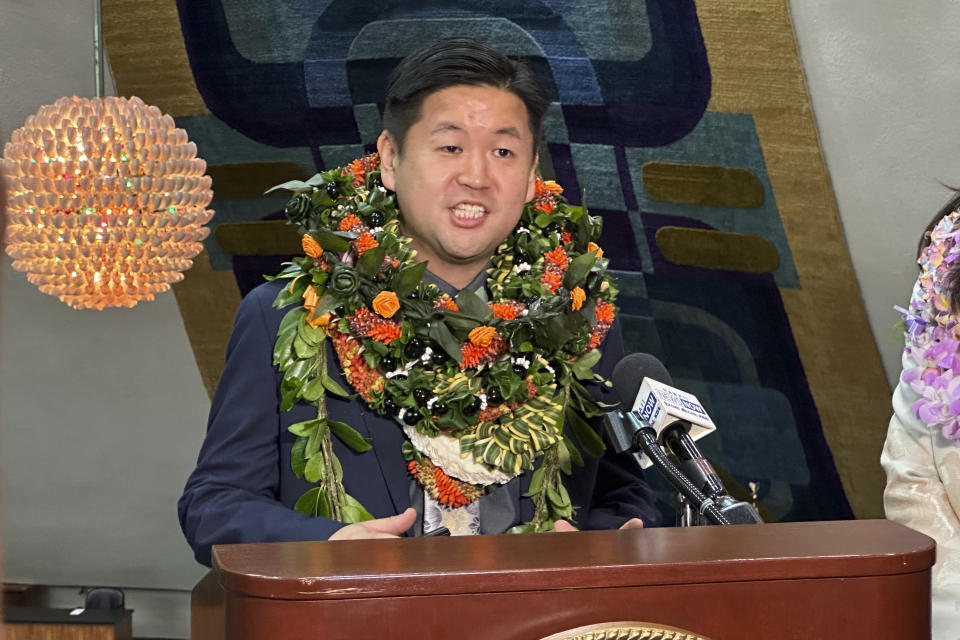 Sen. Troy Hashimoto speaks at a news conference at the Hawaii State Capitol on Wednesday, Jan. 17, 2024, in Honolulu. Hawaii lawmakers on Wednesday opened a new session of the state Legislature vowing to address glaring problems laid bare by the deadly wildfire that destroyed the historic town of Lahaina in August: the threat posed by wildfires and the lack of affordable housing. (AP Photo/Audrey McAvoy)