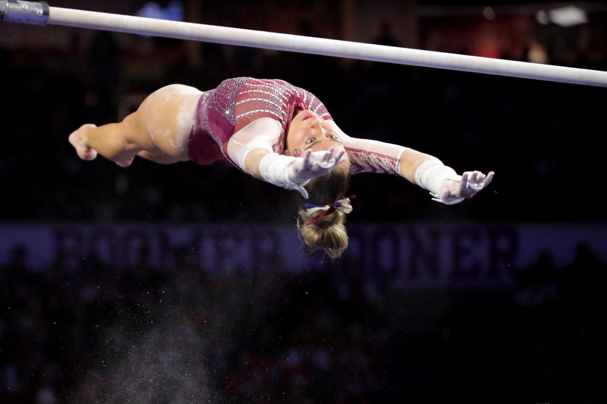 Oklahoma's Olivia Trautman competes on the bars during a women's college gymnastics meet between the University of Oklahoma Sooners (OU) and Florida at Lloyd Noble in Norman, Okla., Friday, March 3, 2023. 