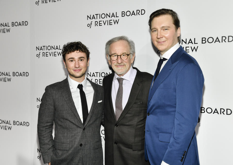 Gabriel LaBelle, left, Steven Spielberg and Paul Dano attend the National Board of Review Awards Gala at Cipriani 42nd Street on Sunday, Jan. 8, 2023, in New York. (Photo by Evan Agostini/Invision/AP)
