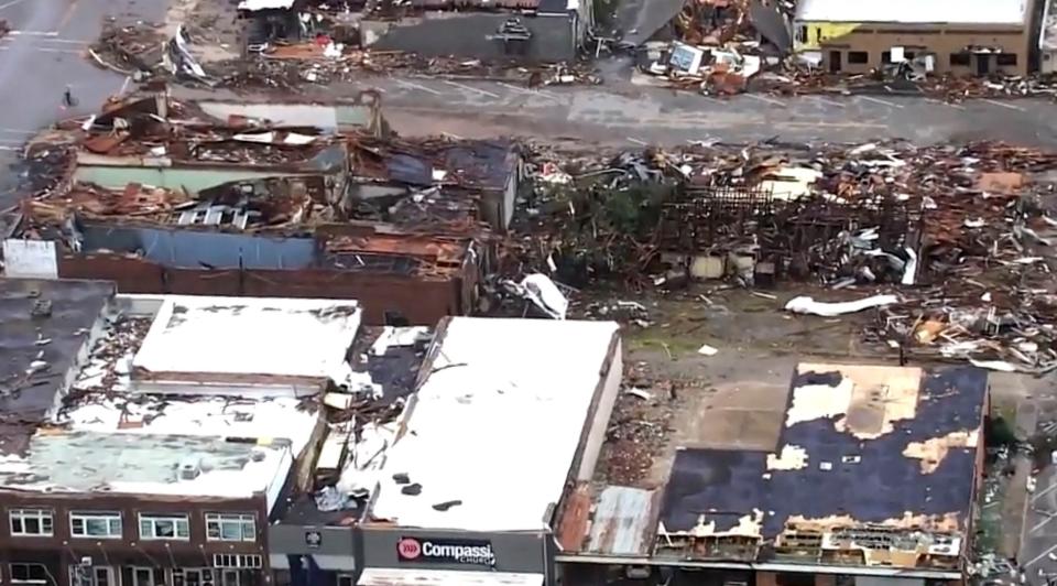 This image taken from video provided by KOCO shows damage caused by a tornado in Sulphur, Okla., Sunday, April 28, 2024. (KOCO via AP)