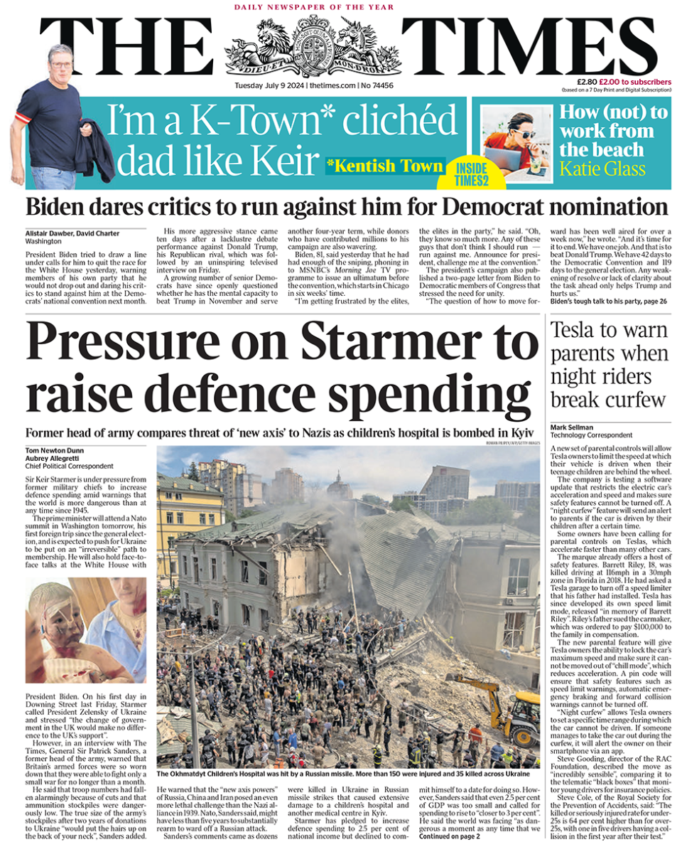 Front page of the Times, with a headline about defence spending