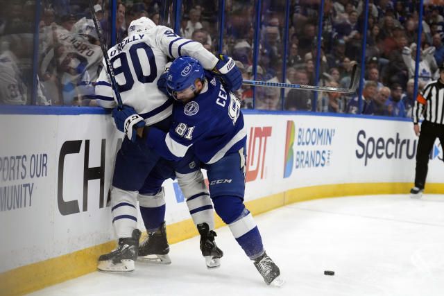 Members of the Tampa Bay Lightning wear Stamkos 1000 jerseys during warmups  before an NHL hockey game against the Toronto Maple Leafs Tuesday, April  11, 2023, in Tampa, Fla. The team is