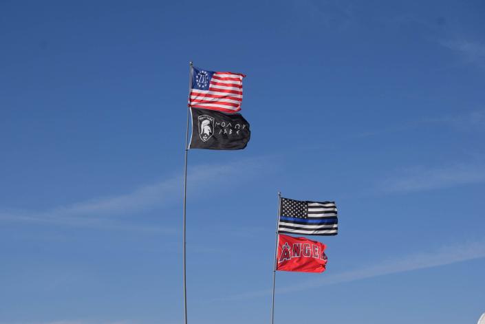 Flags of all types fly high over the campground during the Stagecoach country music festival in Indio, Calif. on April 27, 2019.