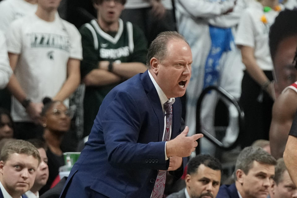 Wisconsin head coach Greg Gard yells from the sideline during the second half of an NCAA college basketball game against Michigan State, Tuesday, Dec. 5, 2023, in East Lansing, Mich. (AP Photo/Carlos Osorio)