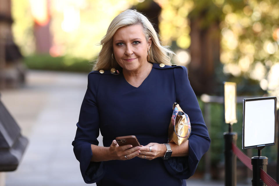 Angela Bishop attends the State Funeral for Carla Zampatti at St Mary's Cathedral on April 15, 2021 in Sydney, Australia. Australian fashion designer Carla Zampatti died aged 78 on 3 April 2021