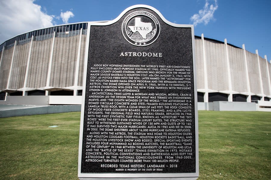 A Texas State Historical Marker, honoring the Astrodome, is dedicated on Tuesday, May 29, 2018, in Houston. ( Brett Coomer / Houston Chronicle ) (Photo by Brett Comer/Houston Chronicle via Getty Images)