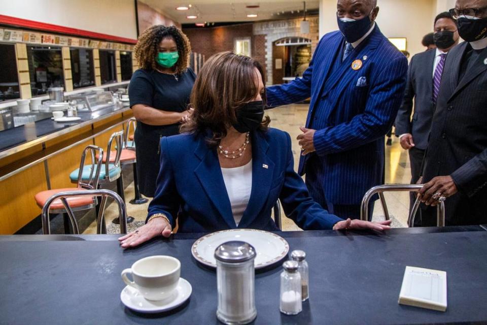 Vice President Kamala Harris sits at the F.W. Woolworth lunch counter at the International Civil Rights Center & Museum in Greensboro, NC Monday, April 19, 2021.