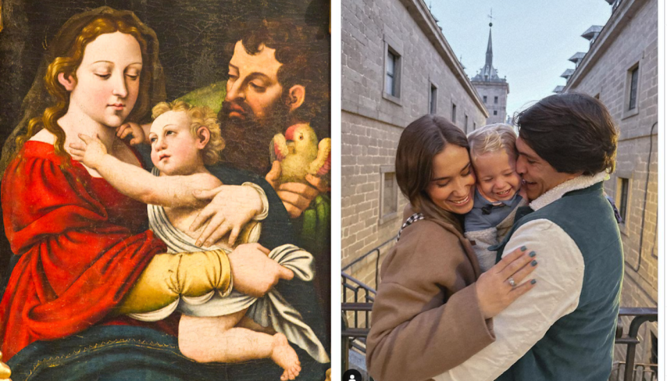 A la izquierda, retrato de la Sagrada Familia atribuido a Juan de Juanes. A la derecha, fotografía de Instagram de la <em>influencer</em> María Pombo con su familia. Museo Diocesano de Huesca/Instagram María Pombo