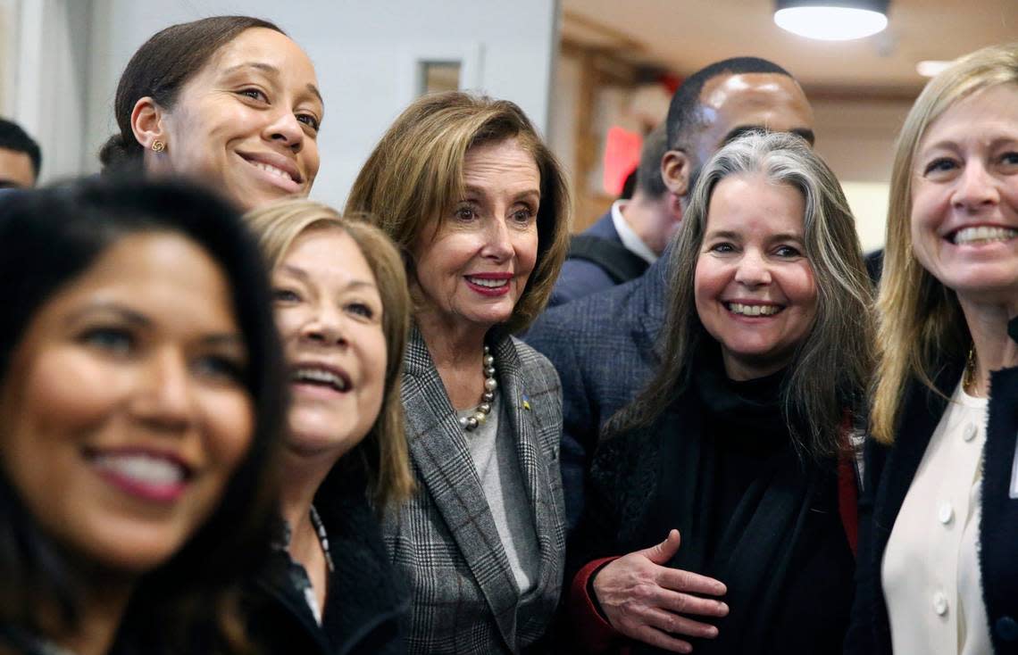 House Speaker Nancy Pelosi (D-CA) stands for photos with attendees at a town hall meeting in the athletic center of College of Mount Saint Vincent in The Bronx on Monday, March 14, 2022. Pelosi Bowman Town Hall Meeting John Meore/The Journal News/John Meore/The Journal News / USA TODAY NETWORK
