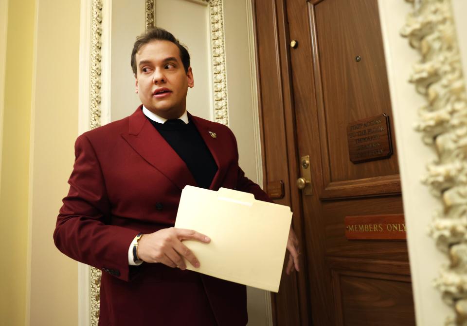 An El Paso man was arrested for allegedly trying to scam former U.S. Rep. George Santos (R-NY), seen here walking into the House Republican cloakroom at the U.S. Capitol on Nov. 28, 2023, in Washington, D.C.