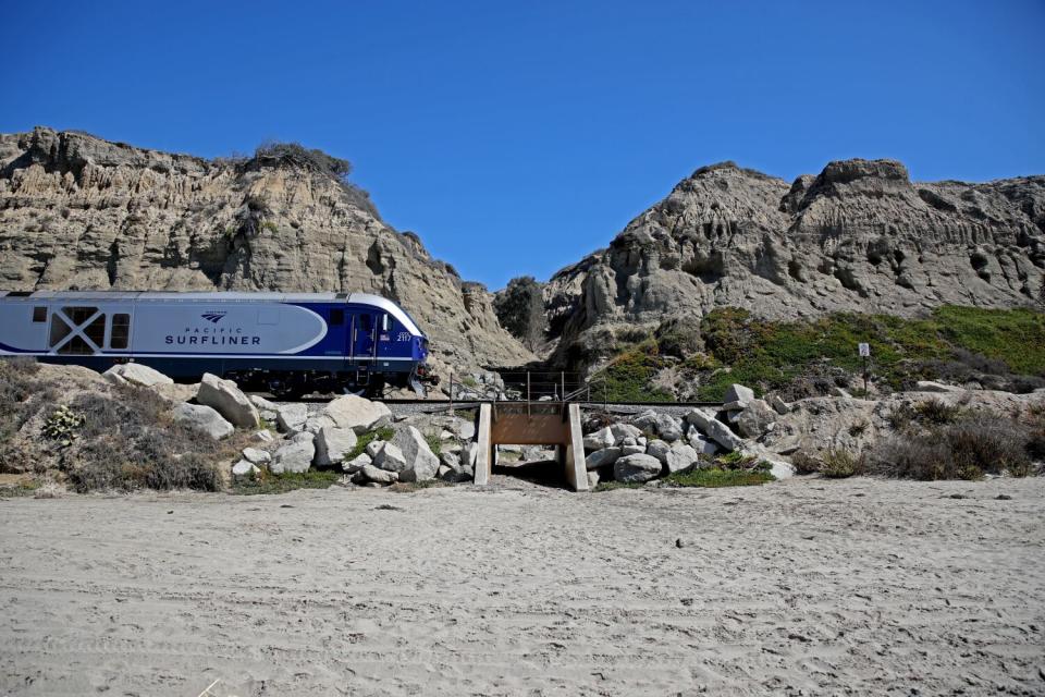 The rail line and cliffs along the coast at San Clemente State Beach