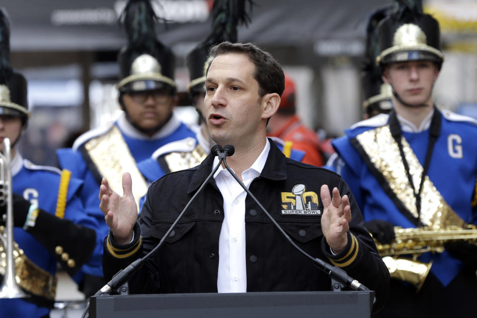 FILE - Daniel Lurie, Chairman of the Super Bowl 50 Host Committee speaks at the official opening of Super Bowl City Saturday, Jan. 30, 2016, in San Francisco. Lurie is running for mayor of the city in November against London Breed. (AP Photo/David J. Phillip, FIle)