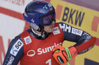 Norway's Henrik Kristoffersen reacts after completing an alpine ski, men's World Cup giant slalom race, in Adelboden, Switzerland, Saturday, Jan. 7, 2023. (AP Photo/Giovanni Pizzato)